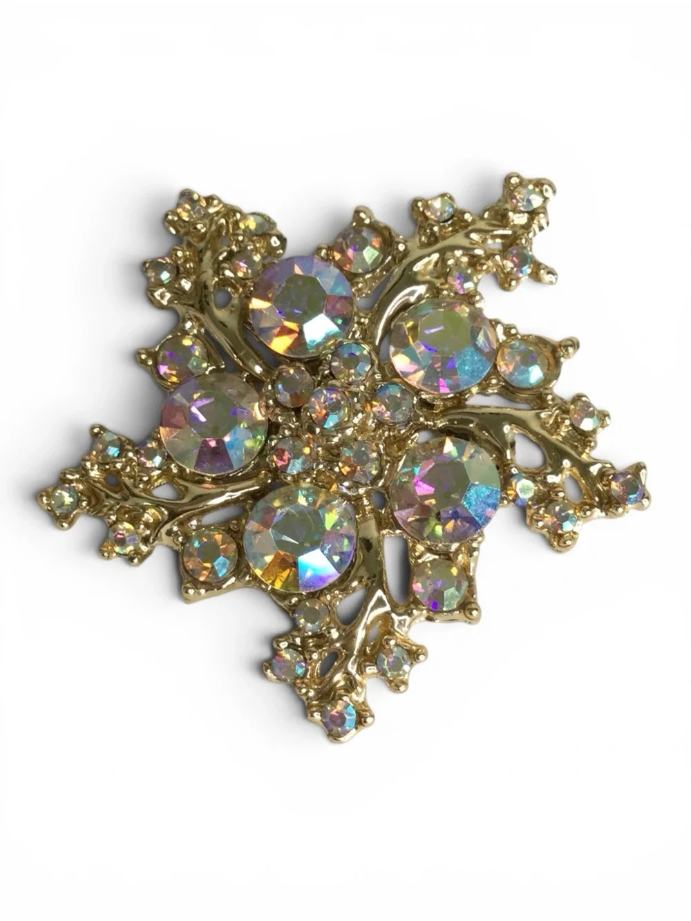 Vintage 1950s Satin Gold Abstract Starburst Brooch with AB Rhinestones - Picture 4 of 11